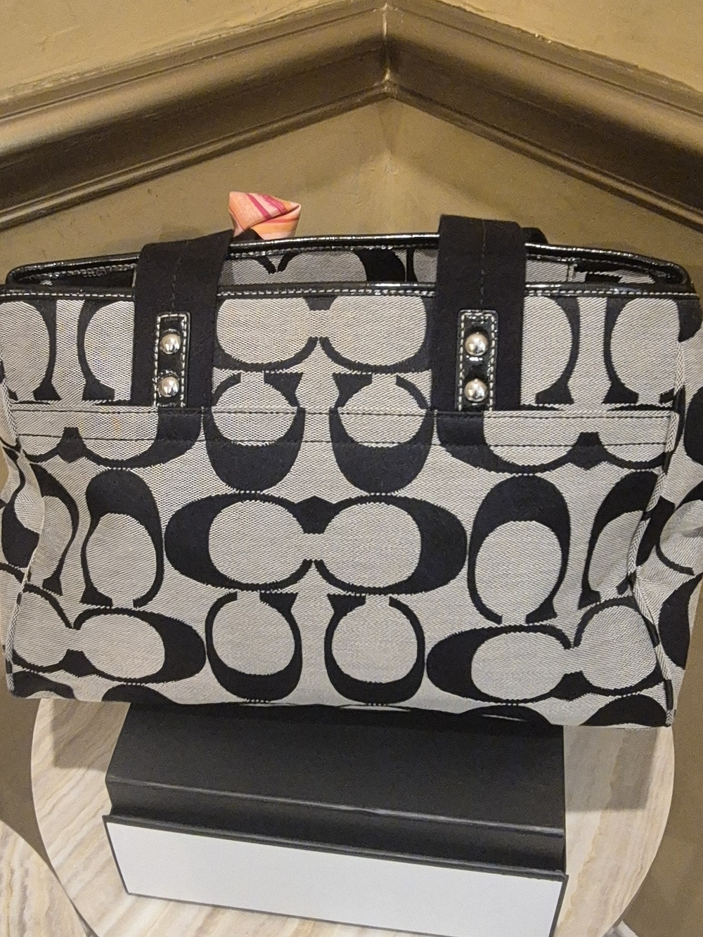 Coach Black and Cream Signature Canvas Tote with Studded Strap Accents - Picture 8 of 8